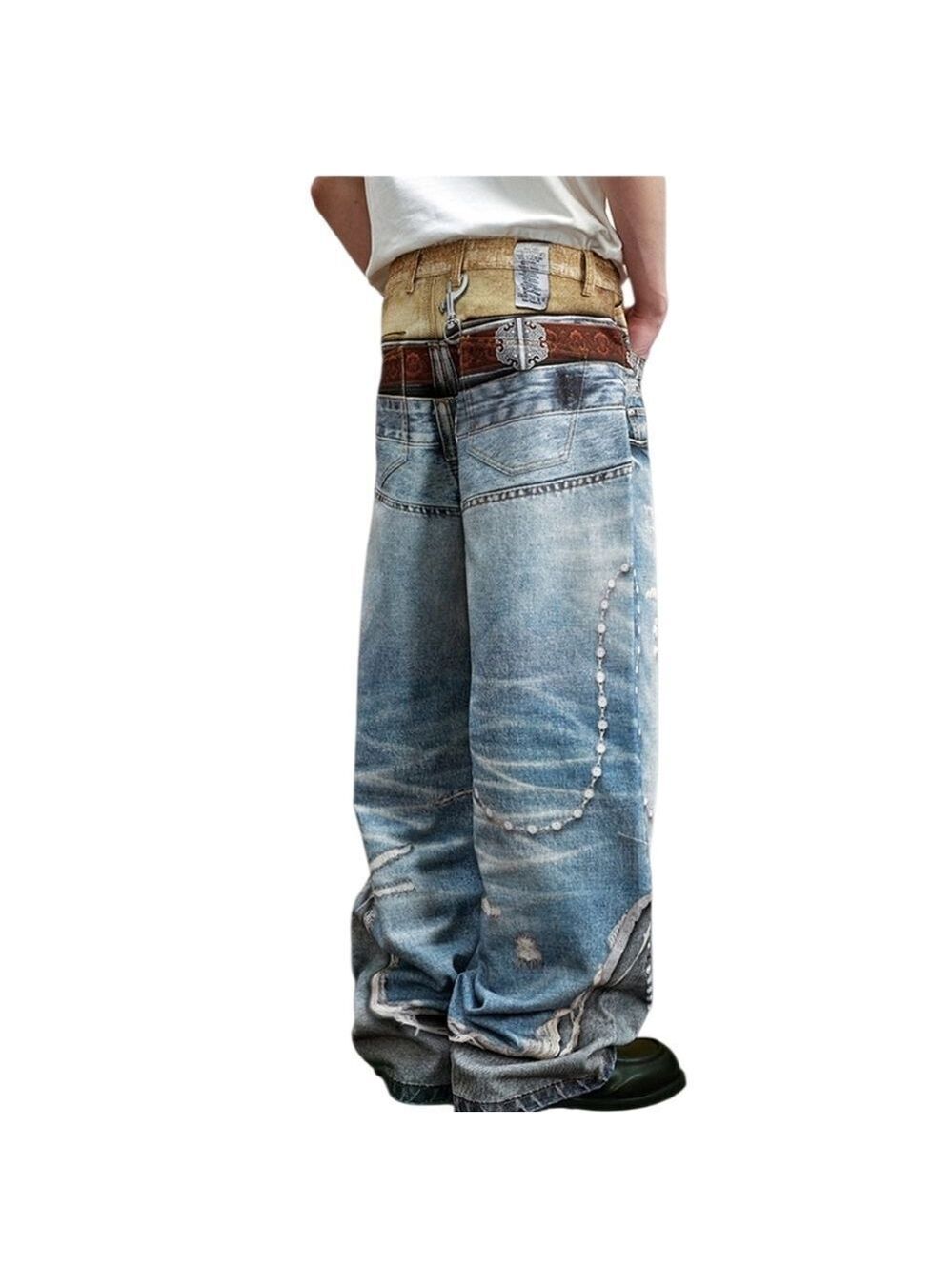 3169 NWT YADcrew丨3D Waistband Print Loose Fit Denim Jeans Sz Small - Picture 2 of 14